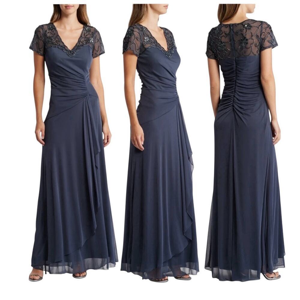 XSCAPE Beaded Dress Short Sleeve Ruched Charcoal Gown Size 4 $278